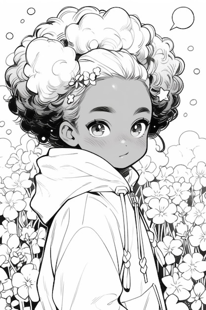 a black and white drawing of a girl with curly hair generative ai