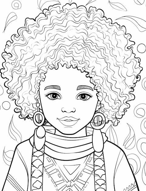 A black and white drawing of a girl with curly hair generative ai