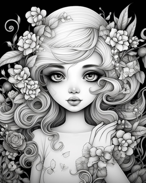 a black and white drawing of a girl with flowers in her hair generativ ai