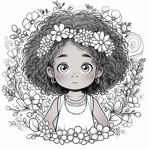 Photo a black and white drawing of a girl with flowers in her hair generative ai