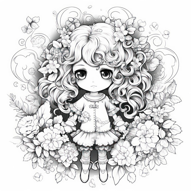 A black and white drawing of a girl with flowers in her hair