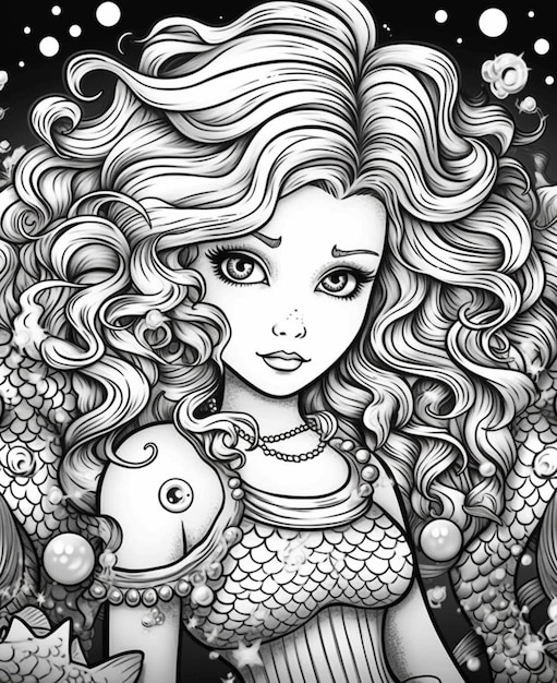A black and white drawing of a girl with long hair and fish generative ai