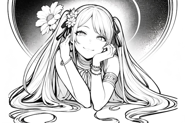 A black and white drawing of a girl with long hair and a flower on her head.