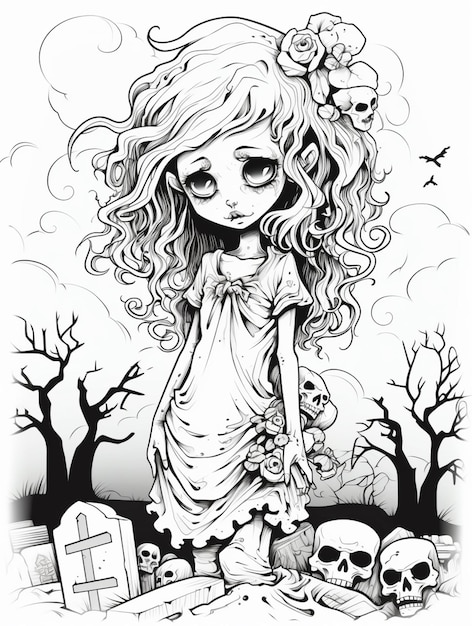 A black and white drawing of a girl with long hair and a skull AI Generative