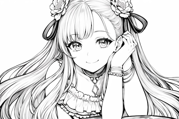 Photo a black and white drawing of a girl with long hair and a smile.