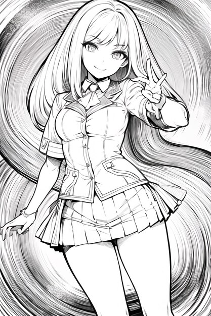 A black and white drawing of a girl with long hair and the words