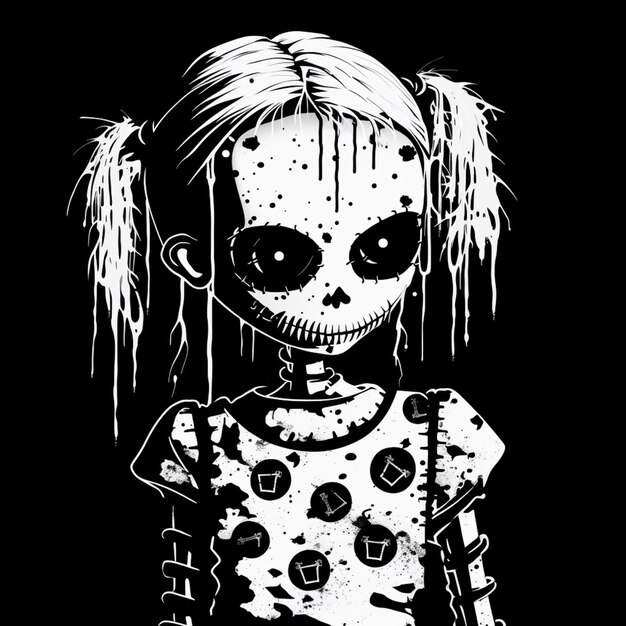 Photo a black and white drawing of a girl with a skeleton face generative ai