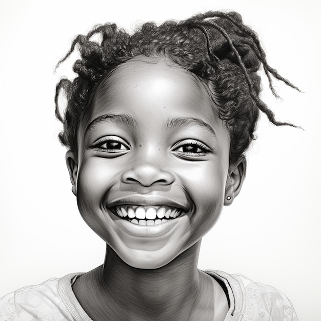 A black and white drawing of a girl with a smile on her face.