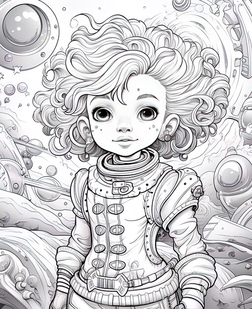 a black and white drawing of a girl with a space suit on.