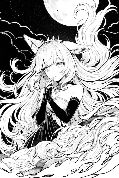 Photo a black and white drawing of a girl with white hair and ears that say'she is wearing a white dress with a black collar. '