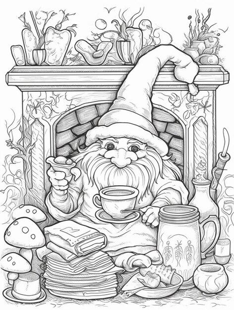 Photo a black and white drawing of a gnome sitting in front of a fireplace generative ai