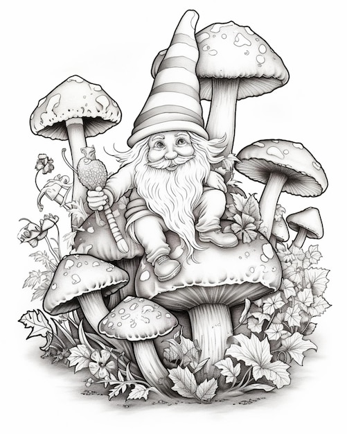 a black and white drawing of a gnome sitting on a mushroom generative ai