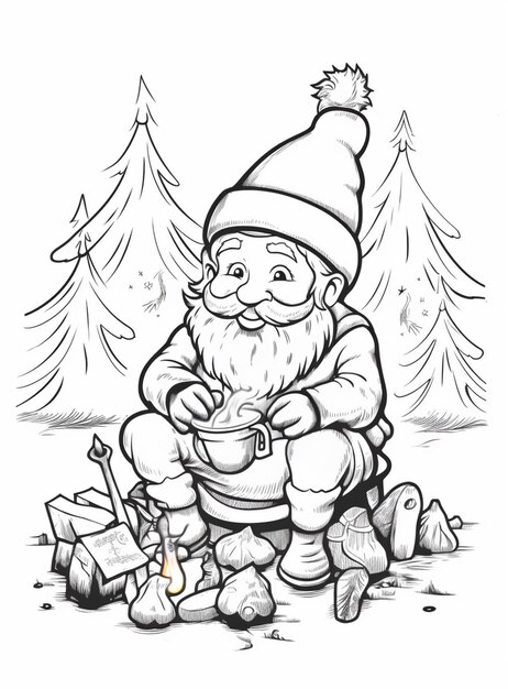 a black and white drawing of a gnome sitting on a pile of logs generative ai