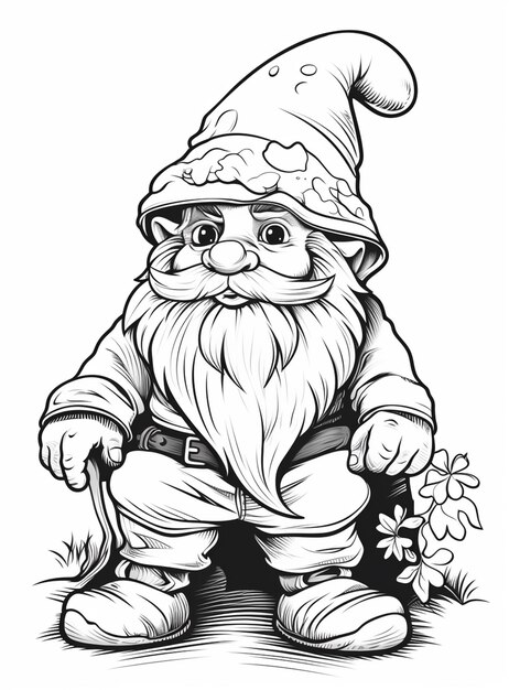 a black and white drawing of a gnome with a flower generative ai