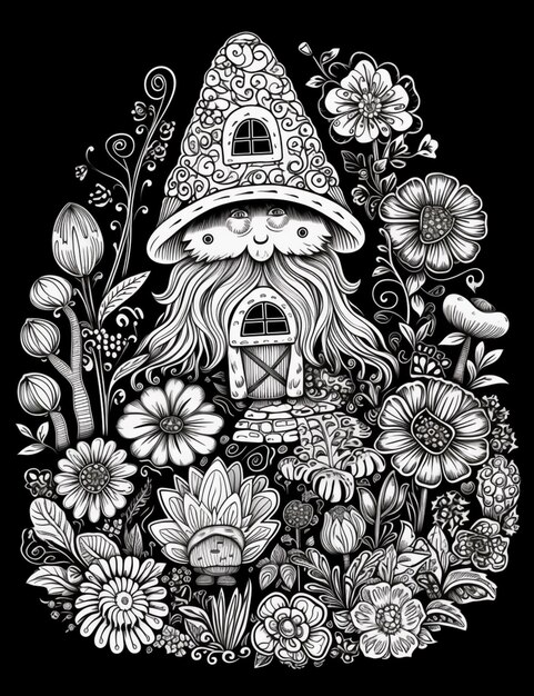 Photo a black and white drawing of a gnome with flowers generative ai