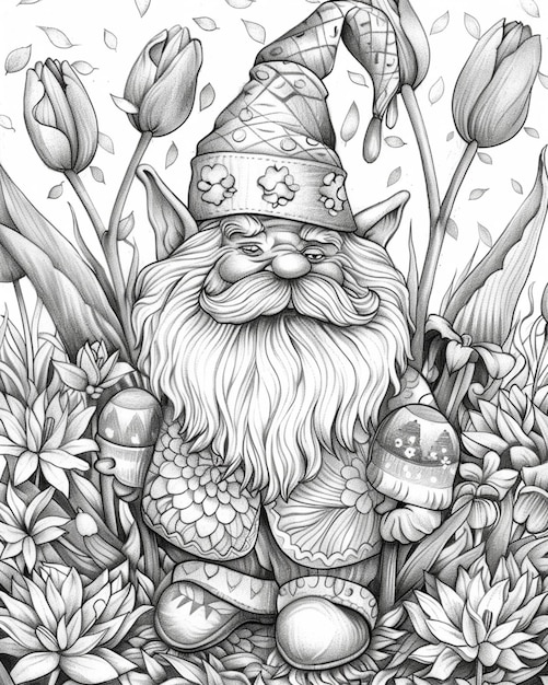 a black and white drawing of a gnome with flowers and mushrooms generative ai