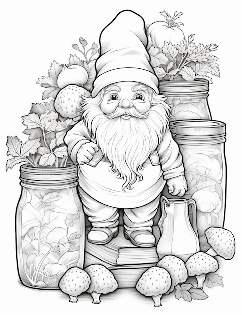 Photo a black and white drawing of a gnome with a jar of strawberries generative ai