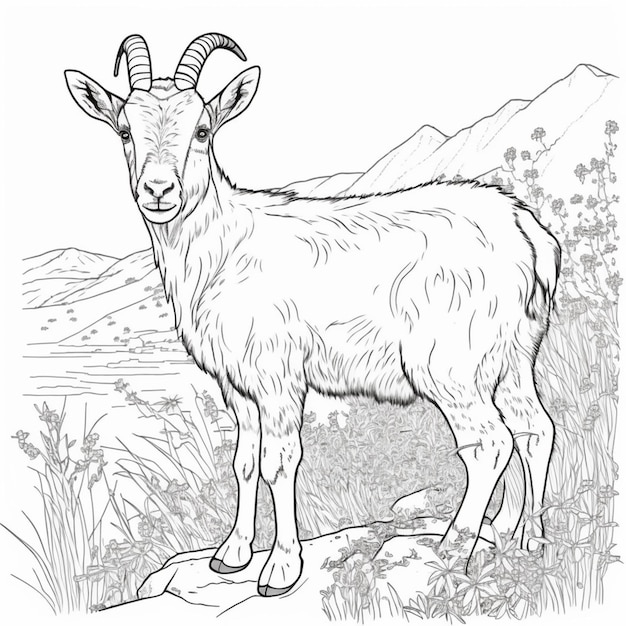 Photo a black and white drawing of a goat standing in a field generative ai