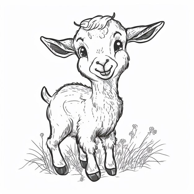 A black and white drawing of a goat standing in the grass generative ai