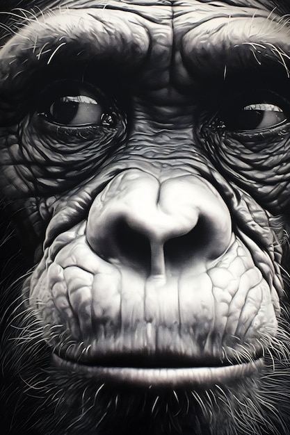 a black and white drawing of a gorilla's face