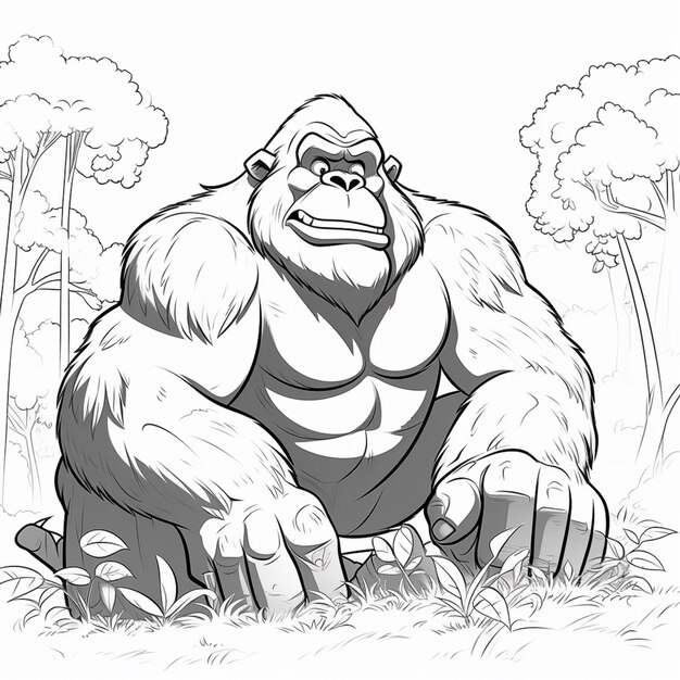 a black and white drawing of a gorilla sitting in the grass generative ai