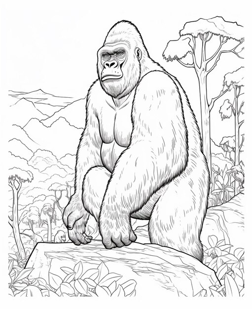 черно-белый рисунок гориллы, сидящей на скале