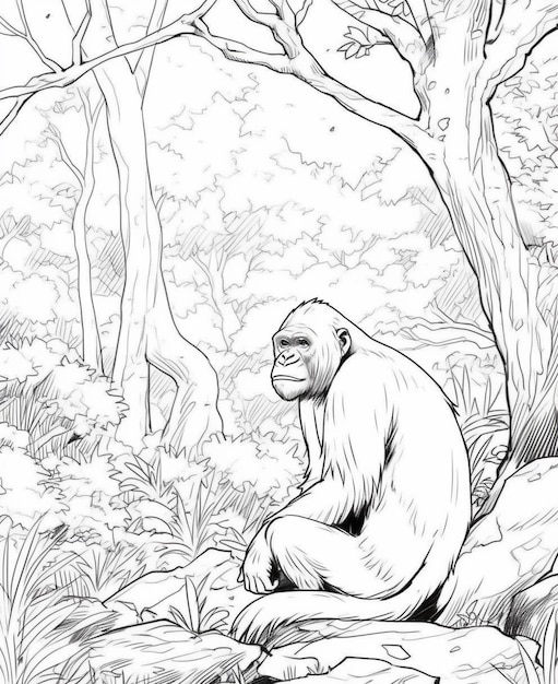 Photo a black and white drawing of a gorilla sitting on a rock in the woods generative ai