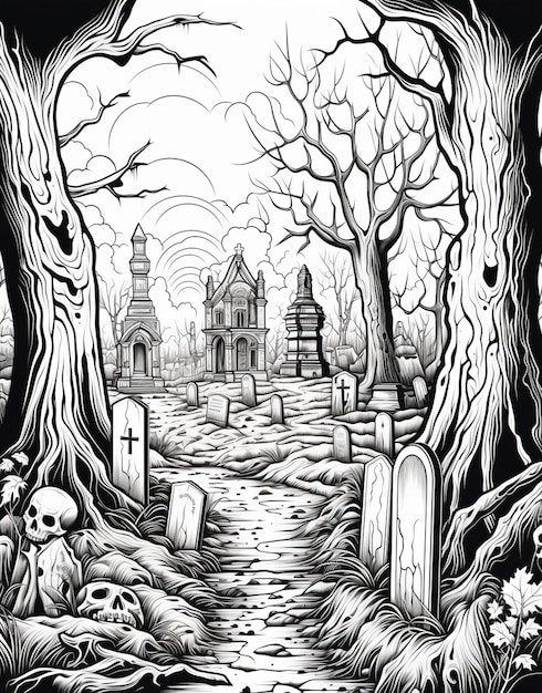 a black and white drawing of a graveyard with a cemetery in the background generative ai