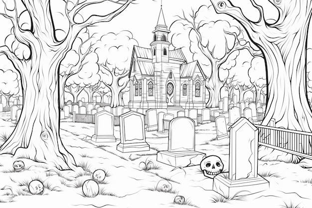 a black and white drawing of a graveyard with a ghost in the background generative ai