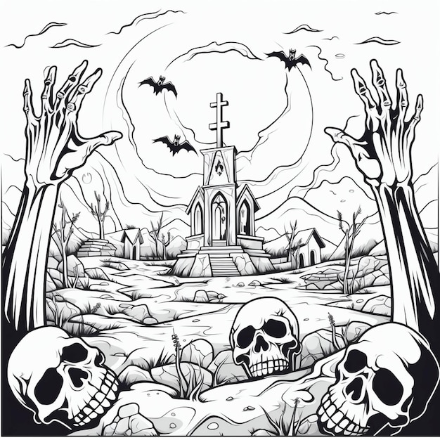 A black and white drawing of a graveyard with skulls and bats generative ai