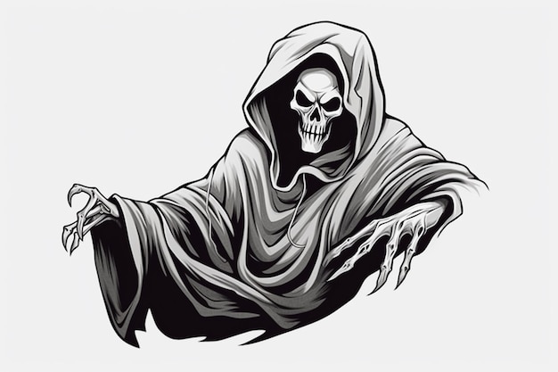 A black and white drawing of a grimy skeleton with a hood generative ai