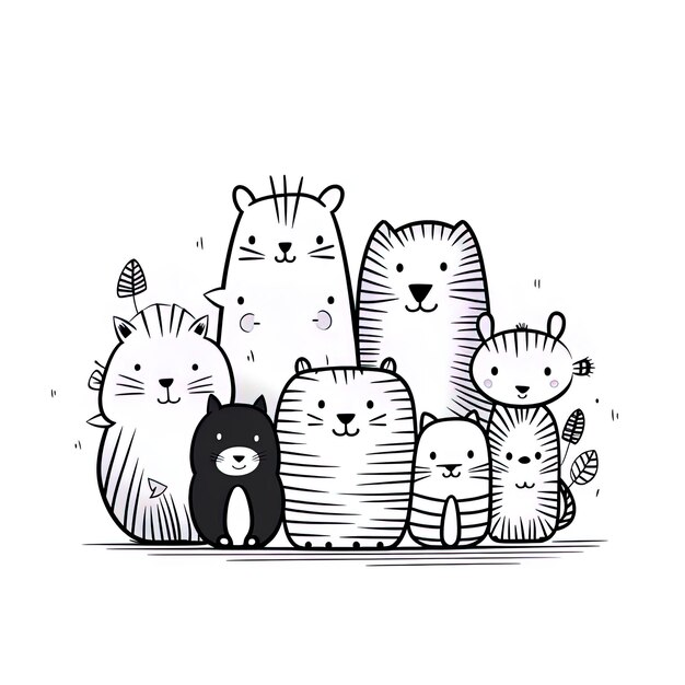 Photo a black and white drawing of a group of cats and animals