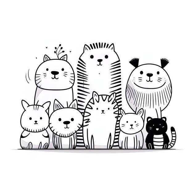 Photo a black and white drawing of a group of cats and cats