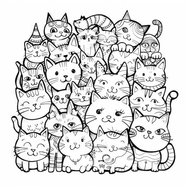 Photo a black and white drawing of a group of cats generative ai