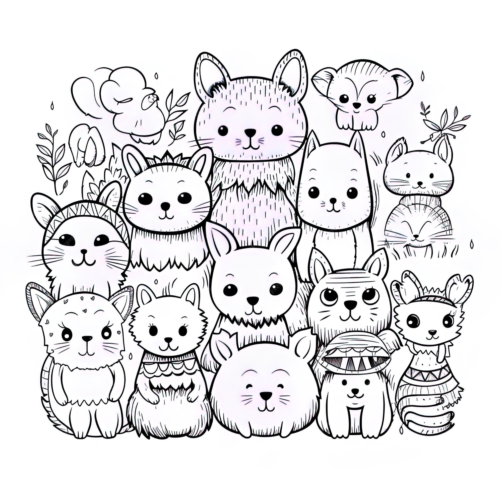 Premium Photo | A black and white drawing of a group of cats and rabbits