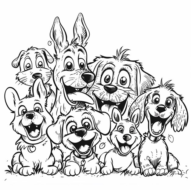 Photo a black and white drawing of a group of dogs generative ai