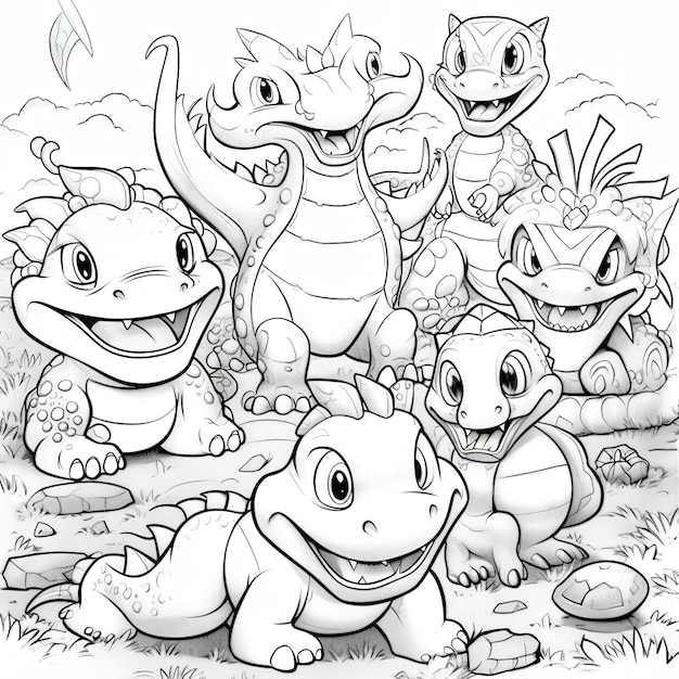 A black and white drawing of a group of dragons.