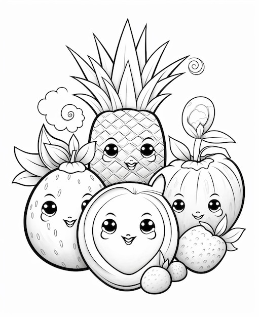 a black and white drawing of a group of fruit with faces generative ai