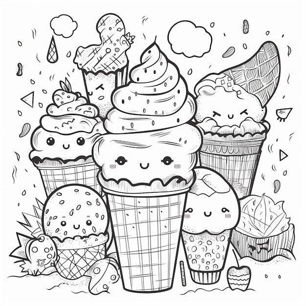 a black and white drawing of a group of ice cream cones generative ai