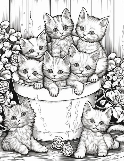 a black and white drawing of a group of kittens in a bucket generative ai