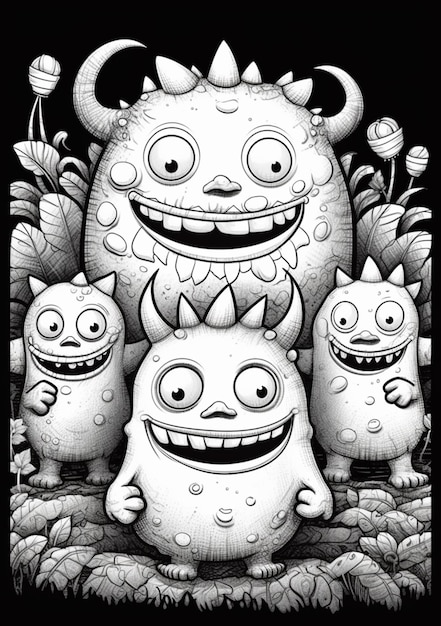 a black and white drawing of a group of monsters generative ai