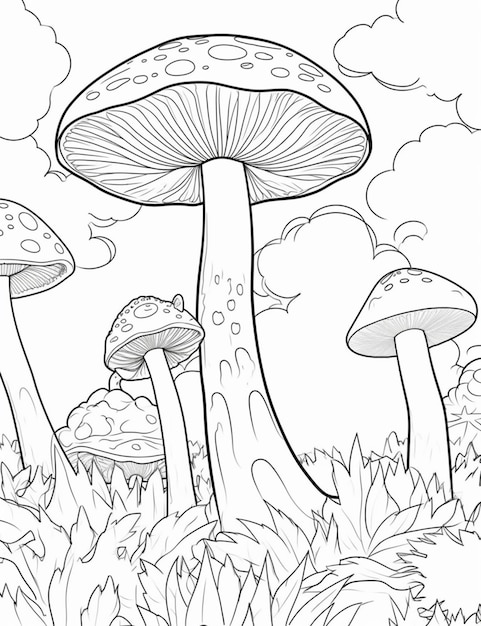 A black and white drawing of a group of mushrooms in a field generative ai