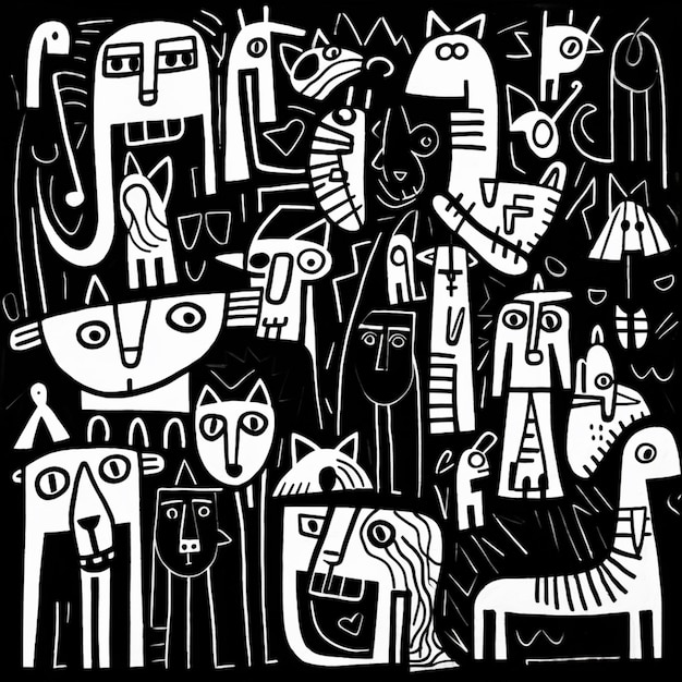 a black and white drawing of a group of people with cats and dogs generative ai