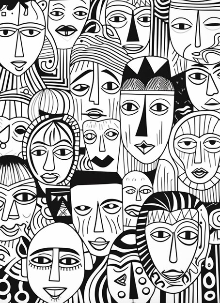 a black and white drawing of a group of people with faces generative ai