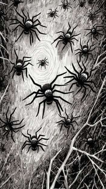 Photo a black and white drawing of a group of spiders on a tree generative ai