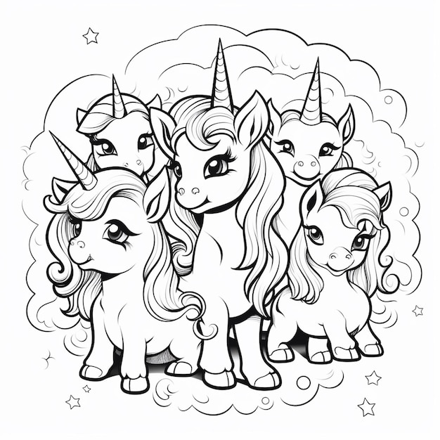 A black and white drawing of a group of unicorns.