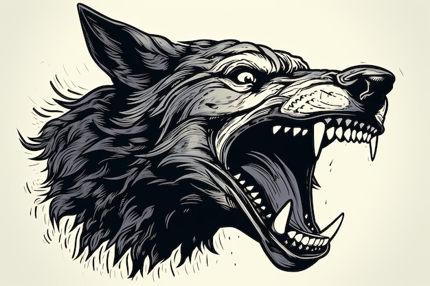 A Black and White Drawing of a Growling Wolf