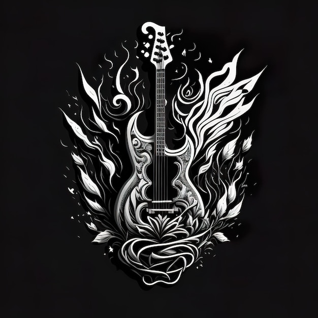 Photo a black and white drawing of a guitar with a flame design on it.