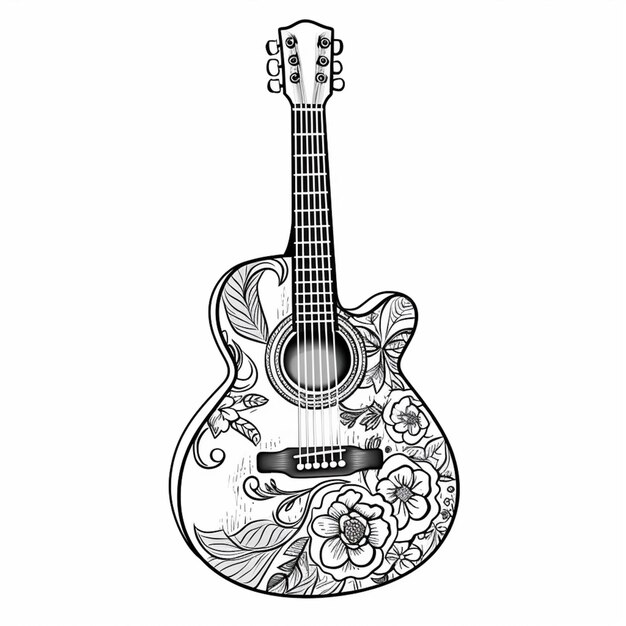 Photo a black and white drawing of a guitar with a floral design generative ai