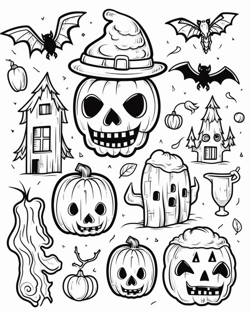 Foto un disegno in bianco e nero di oggetti di halloween generativo ai